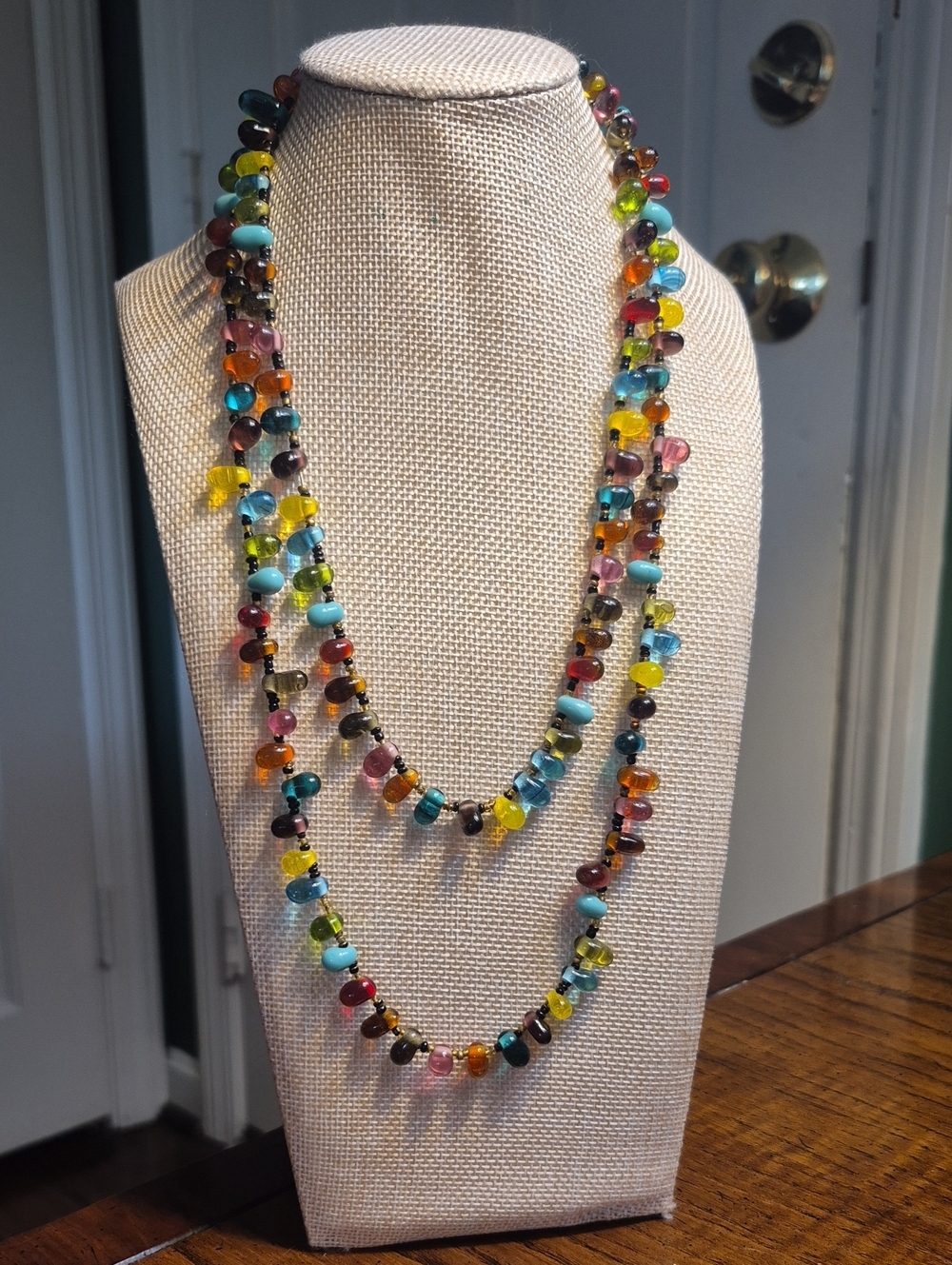 Colorful Artisan Single Strand Teardrop Glass Bead Necklace Flapper Beads